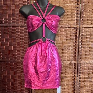 Metallic Pink Cutout Dress with Ring Accents - S